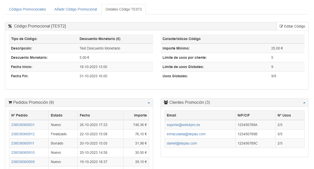Detalle del código promocional