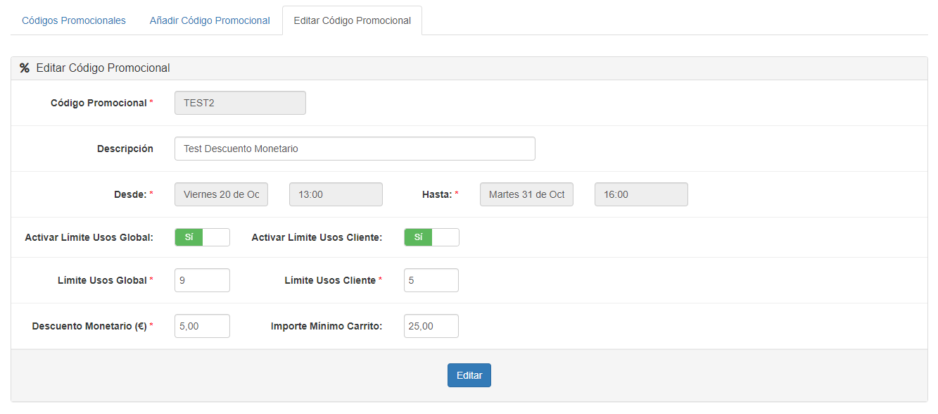Edición de código promocional