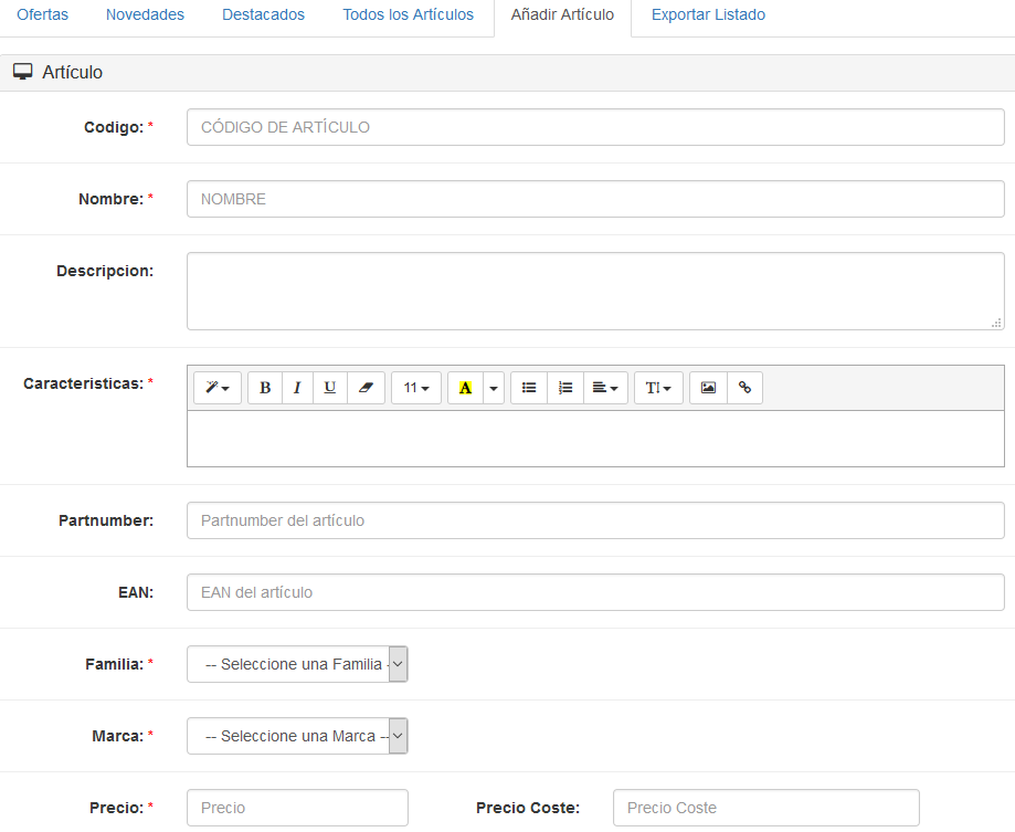 Campos del artículo