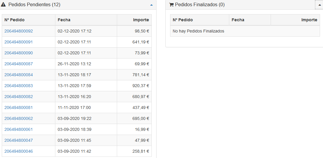 Pedidos pendientes y finalizados