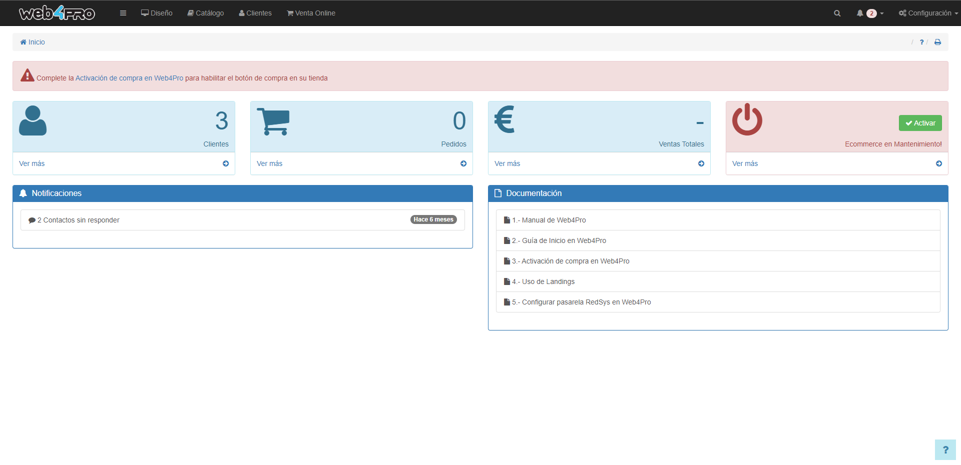 Página de inicio del administrador